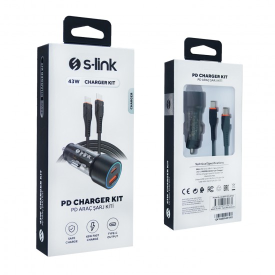 S-LINK SL-AC43TP TYPE-C KABLOLU 43W PD ARAC SARJI 